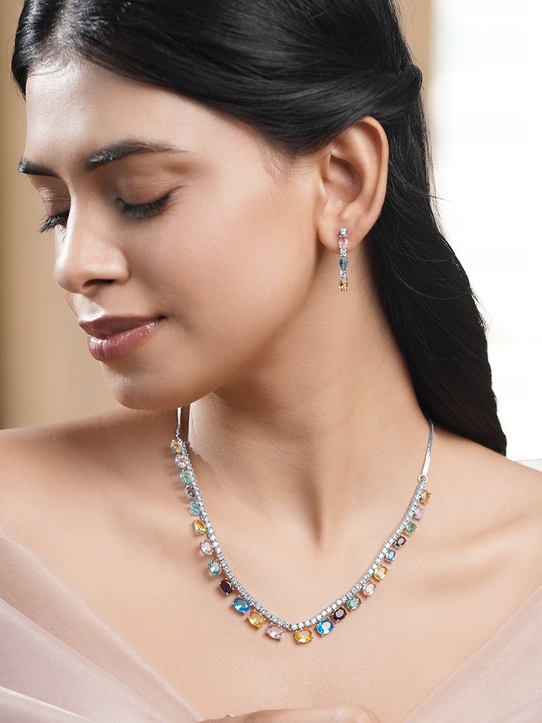 【Rubans】 Rhodium Plated American Diamond Zirconia Multicolor Necklace Set｜ロジウムメッキ アメリカンダイヤモンド マルチカラー ネックレスセット
