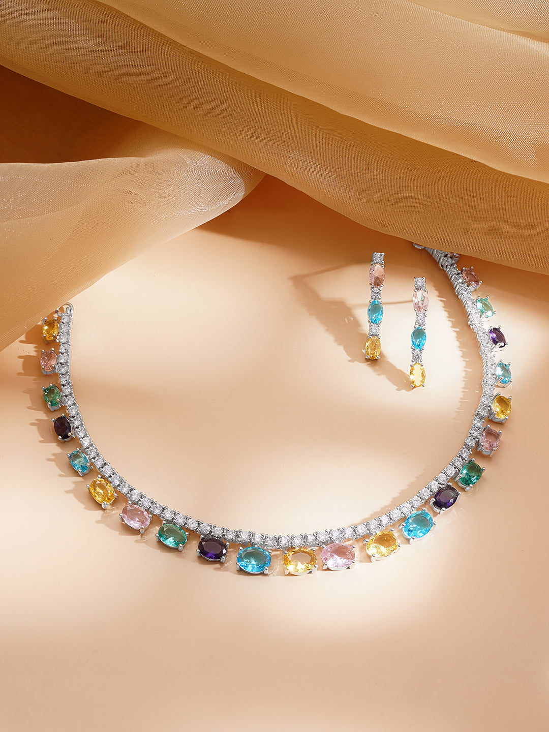 【Rubans】 Rhodium Plated American Diamond Zirconia Multicolor Necklace Set｜ロジウムメッキ アメリカンダイヤモンド マルチカラー ネックレスセット