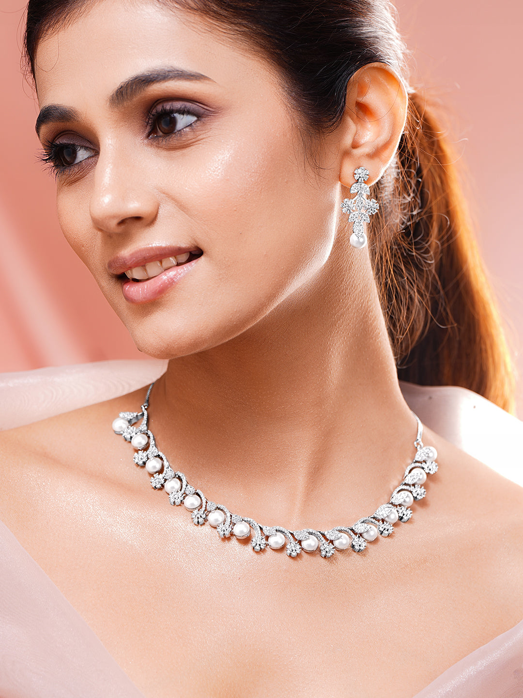 【Rubans】 Rhodium Plated Cubic Zirconia Pearl Floral Necklace Set｜ロジウムメッキ キュービックジルコニア パール フローラル ネックレスセット