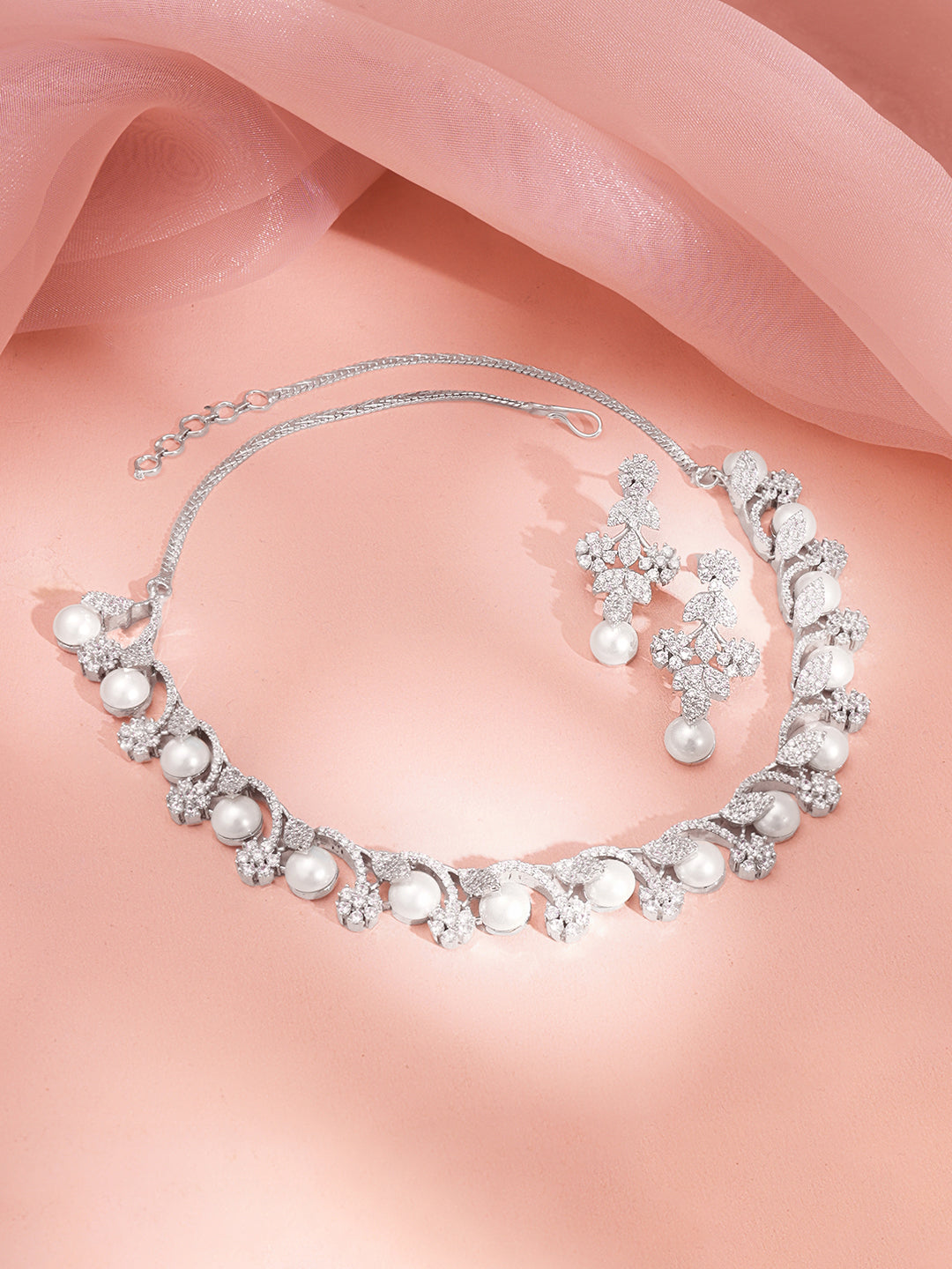 【Rubans】 Rhodium Plated Cubic Zirconia Pearl Floral Necklace Set｜ロジウムメッキ キュービックジルコニア パール フローラル ネックレスセット