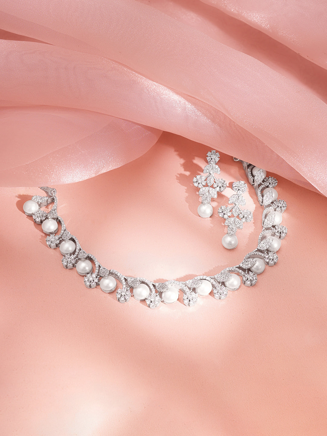 【Rubans】 Rhodium Plated Cubic Zirconia Pearl Floral Necklace Set｜ロジウムメッキ キュービックジルコニア パール フローラル ネックレスセット