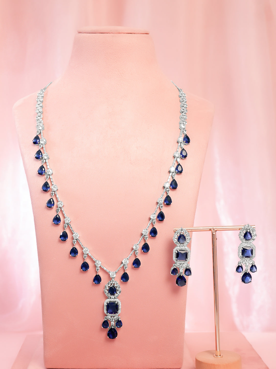 【Rubans】 Rhodium Plated Midnight Blue Crystal Cubic Zirconia Teardrop Necklace Set｜ロジウムメッキ ミッドナイトブルー クリスタル ジルコニア ティアドロップ ネックレスセット