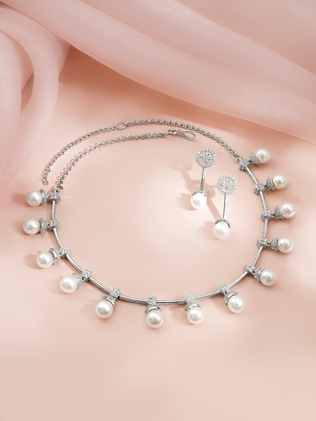 【Rubans】 Rhodium Plated American Diamond Pearl Drop Necklace Set｜ロジウムメッキ アメリカンダイヤモンド パールドロップ ネックレスセット