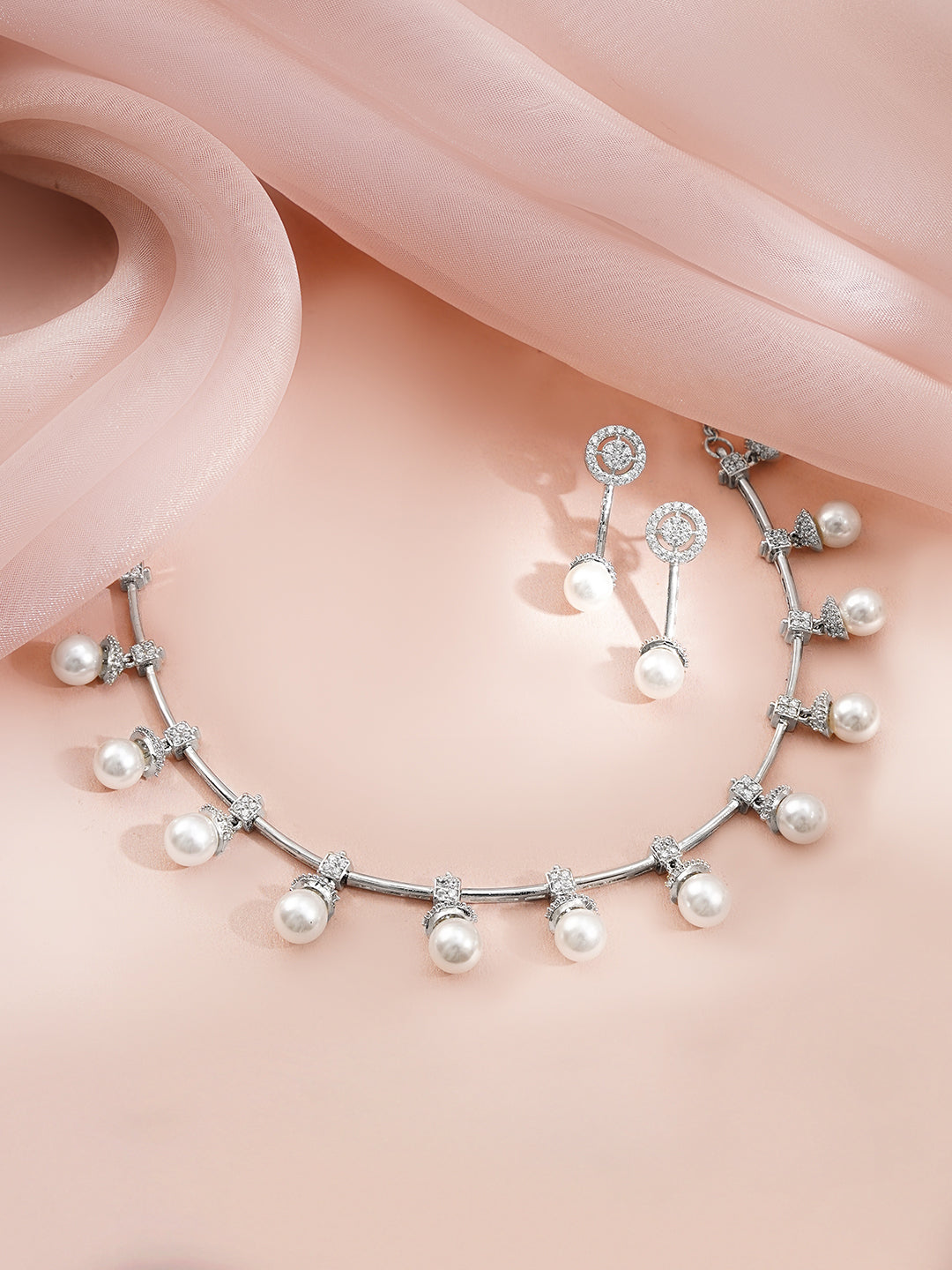 【Rubans】 Rhodium Plated American Diamond Pearl Drop Necklace Set｜ロジウムメッキ アメリカンダイヤモンド パールドロップ ネックレスセット
