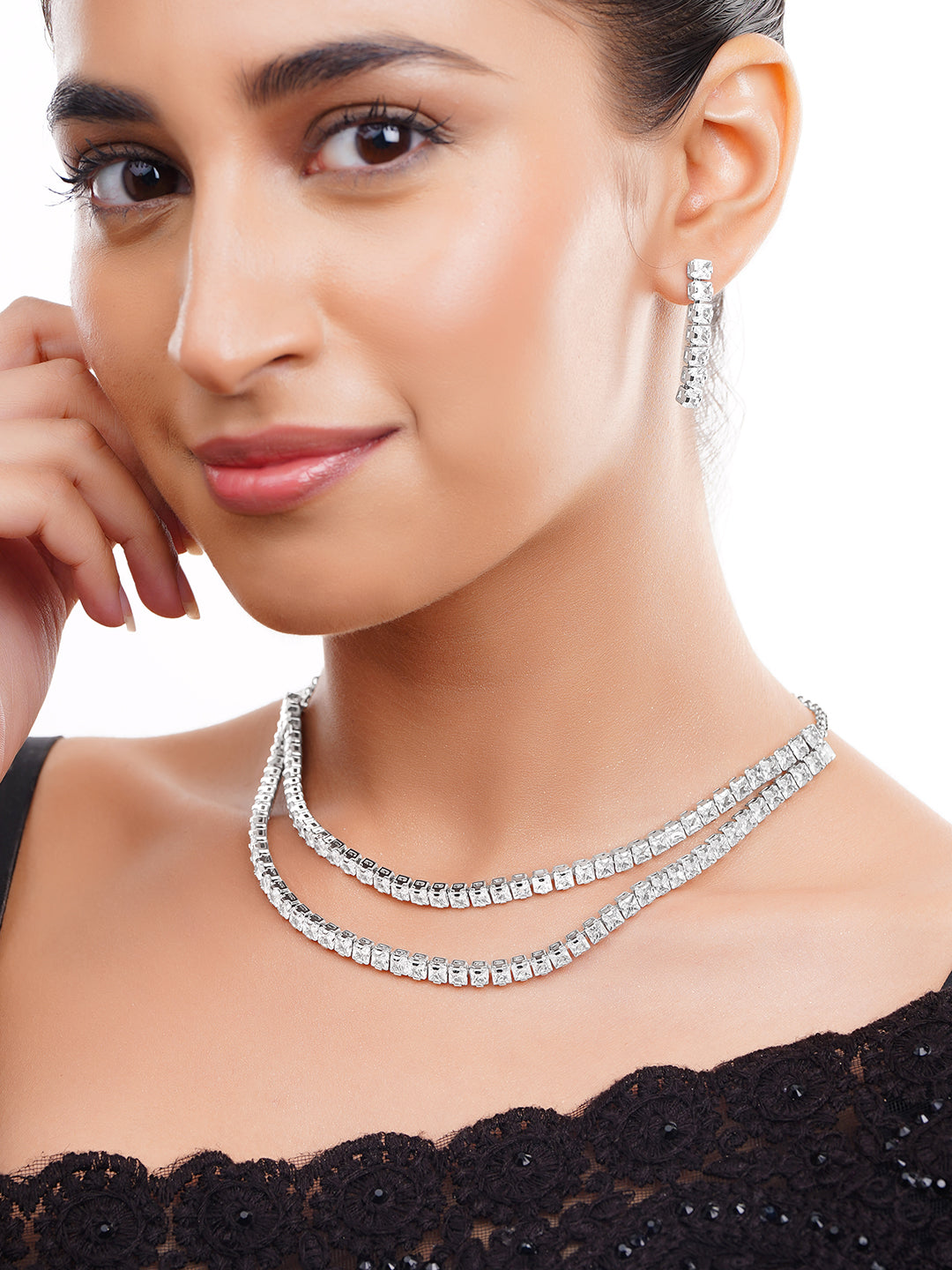 【Rubans】 Rhodium Plated Layered American Diamond Statement Necklace Set｜ロジウムメッキ レイヤード アメリカンダイヤモンド ステートメント ネックレスセット