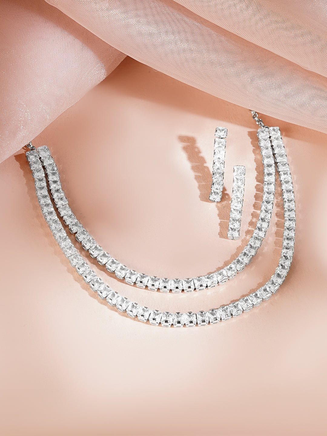 【Rubans】 Rhodium Plated Layered American Diamond Statement Necklace Set｜ロジウムメッキ レイヤード アメリカンダイヤモンド ステートメント ネックレスセット