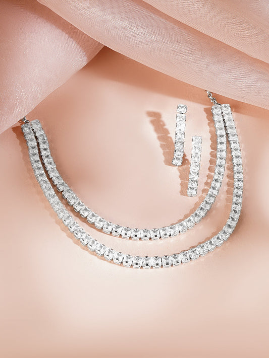 【Rubans】 Rhodium Plated Layered American Diamond Statement Necklace Set｜ロジウムメッキ レイヤード アメリカンダイヤモンド ステートメント ネックレスセット