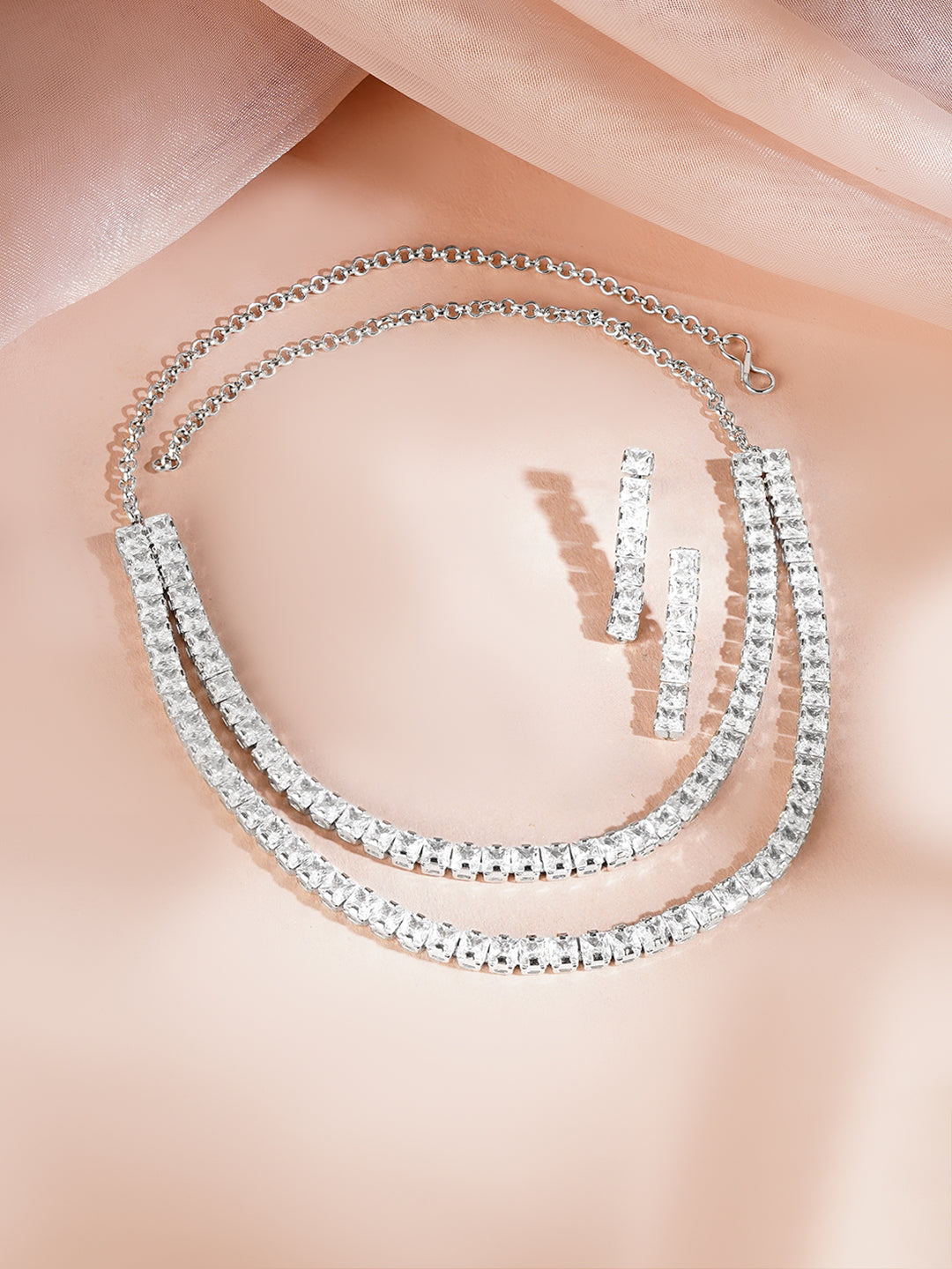【Rubans】 Rhodium Plated Layered American Diamond Statement Necklace Set｜ロジウムメッキ レイヤード アメリカンダイヤモンド ステートメント ネックレスセット