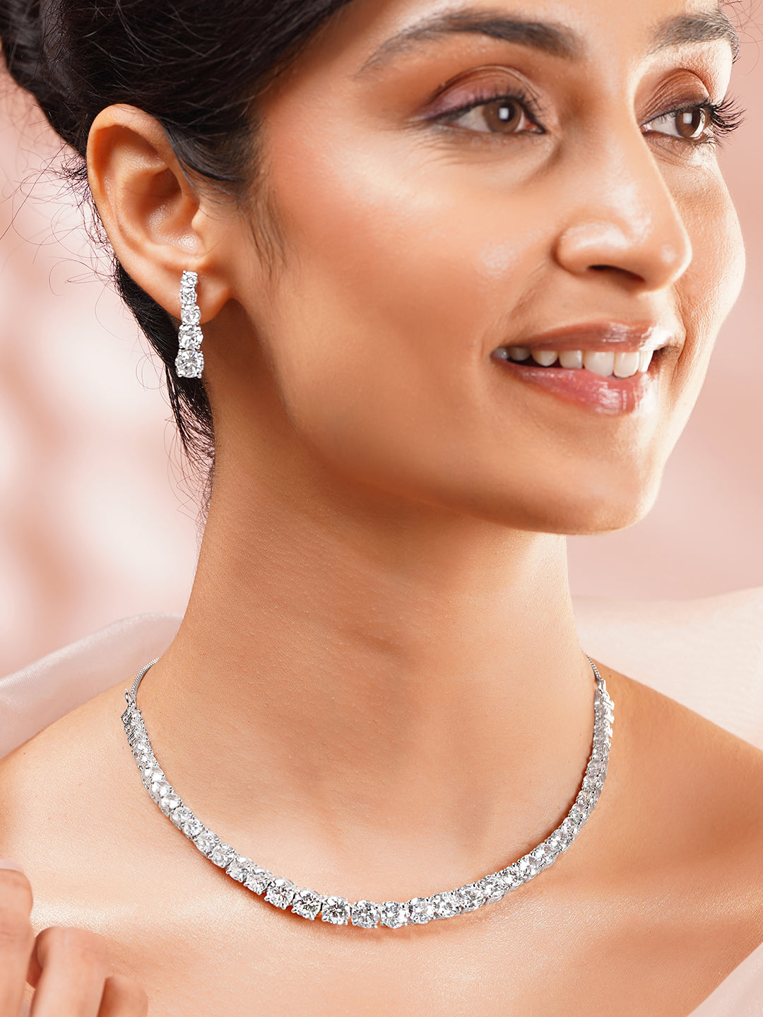 【Rubans】 Rhodium Plated American Diamond Zirconia Cubic Link Necklace Set｜ロジウムメッキ アメリカンダイヤモンド キュービックリンク ネックレスセット