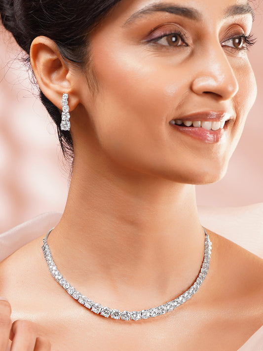 【Rubans】 Rhodium Plated American Diamond Zirconia Cubic Link Necklace Set｜ロジウムメッキ アメリカンダイヤモンド キュービックリンク ネックレスセット