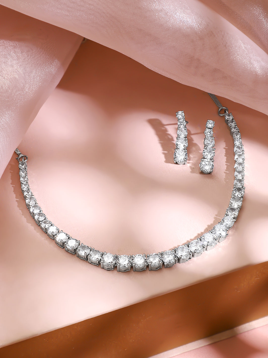 【Rubans】 Rhodium Plated American Diamond Zirconia Cubic Link Necklace Set｜ロジウムメッキ アメリカンダイヤモンド キュービックリンク ネックレスセット