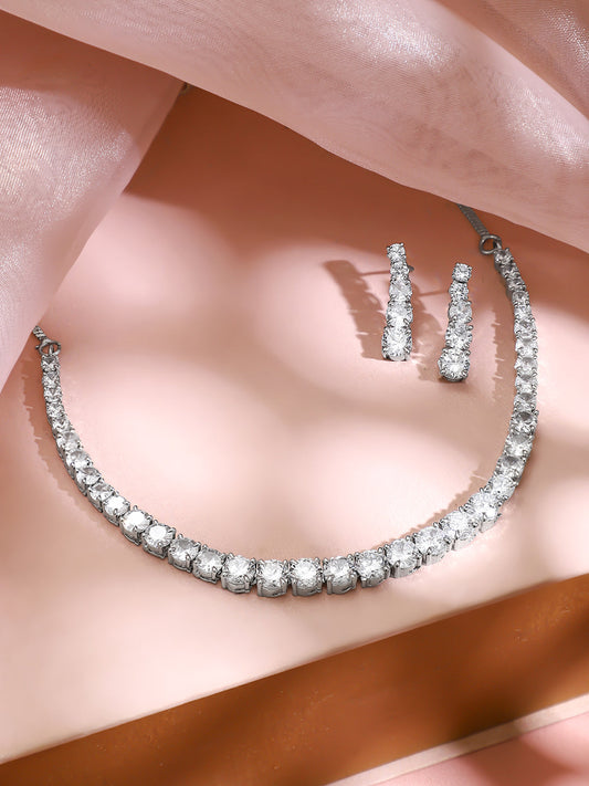 【Rubans】 Rhodium Plated American Diamond Zirconia Cubic Link Necklace Set｜ロジウムメッキ アメリカンダイヤモンド キュービックリンク ネックレスセット