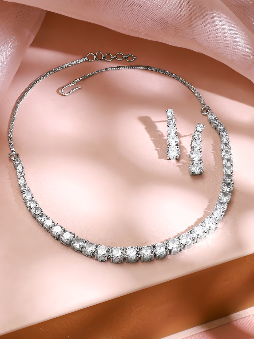 【Rubans】 Rhodium Plated American Diamond Zirconia Cubic Link Necklace Set｜ロジウムメッキ アメリカンダイヤモンド キュービックリンク ネックレスセット