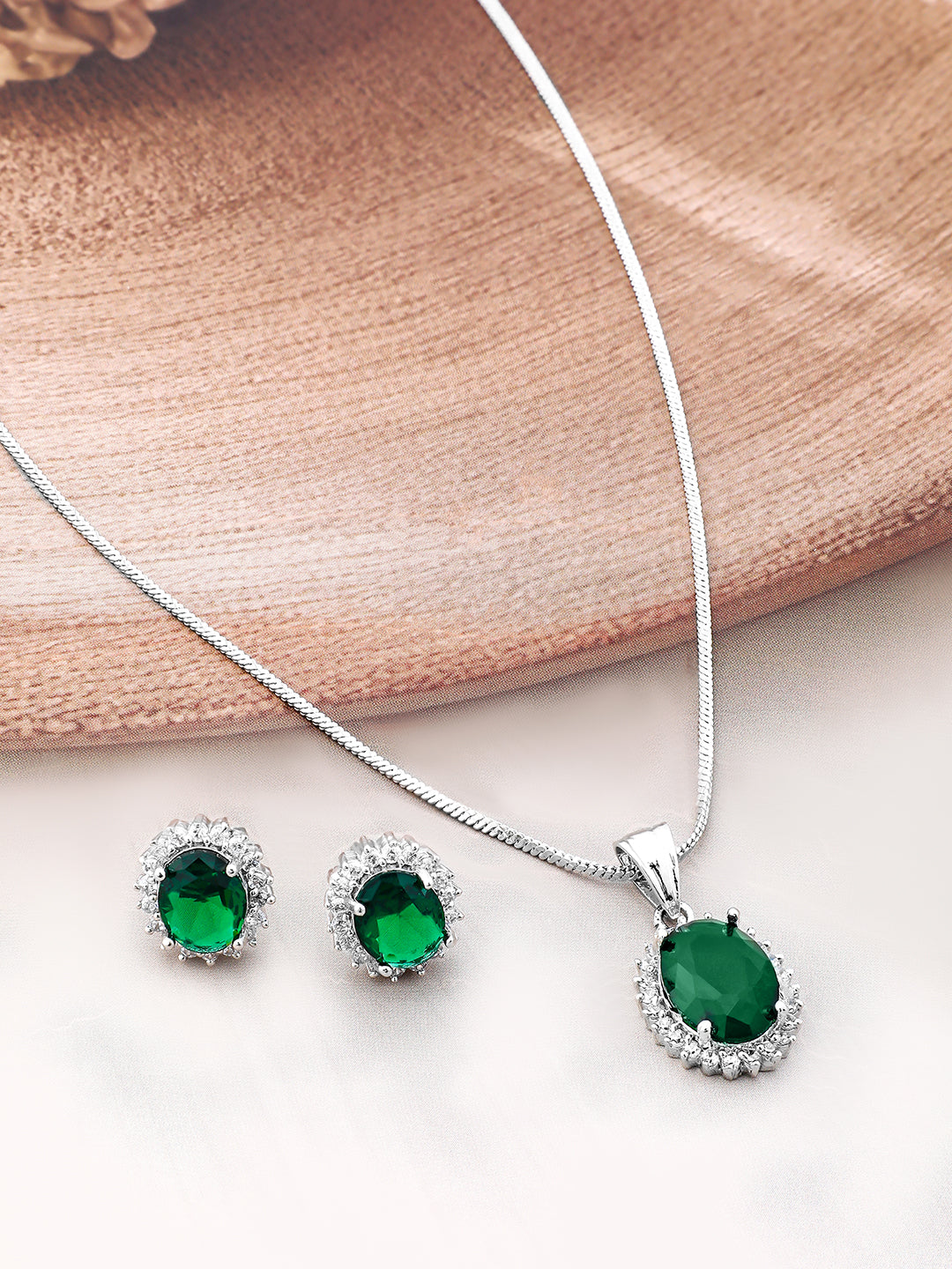 American Diamond Zirconia Emerald Green Necklace Set Red