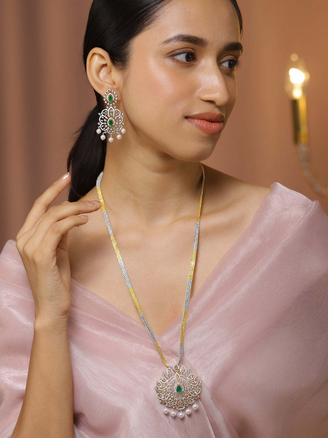 Dual-Toned American Diamond Zirconia Pearl Necklace Set フリーサイズ