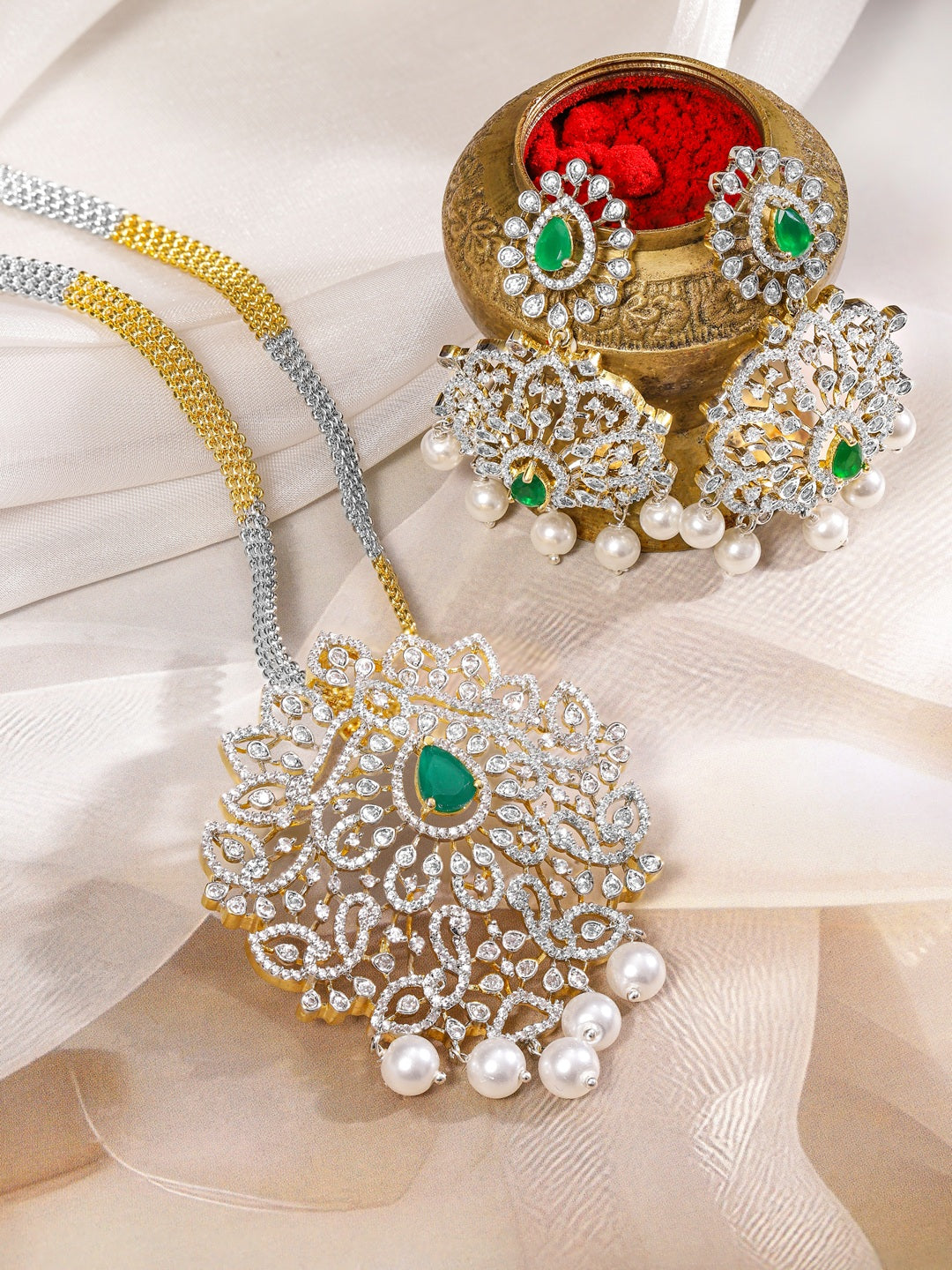 Dual-Toned American Diamond Zirconia Pearl Necklace Set フリーサイズ