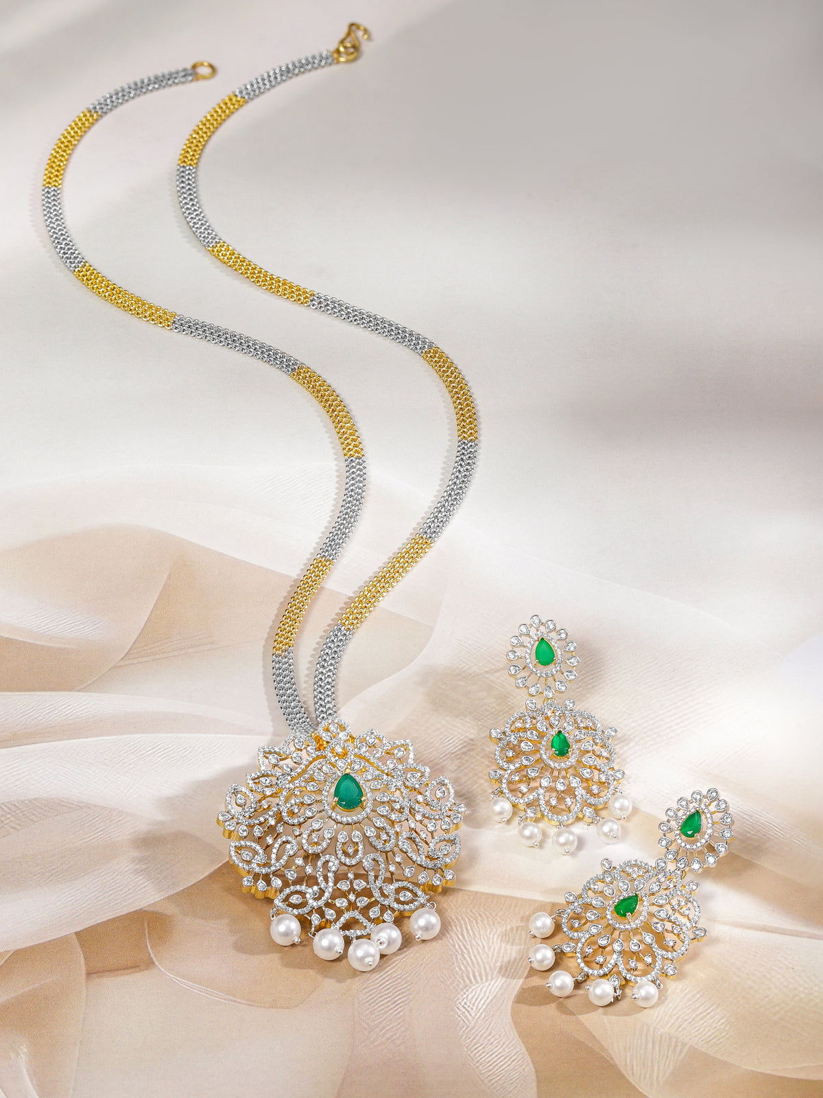 Dual-Toned American Diamond Zirconia Pearl Necklace Set フリーサイズ