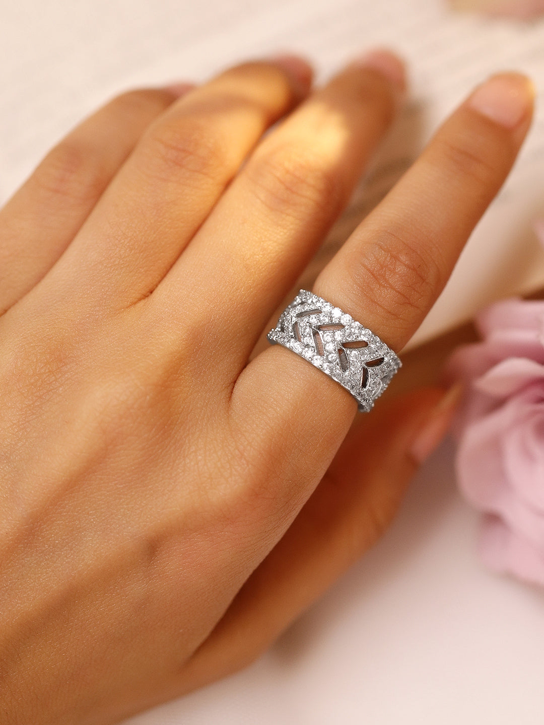 Rubans Rhodium-Plated Cubic Zirconia Stone-Studded Finger Ring Silver