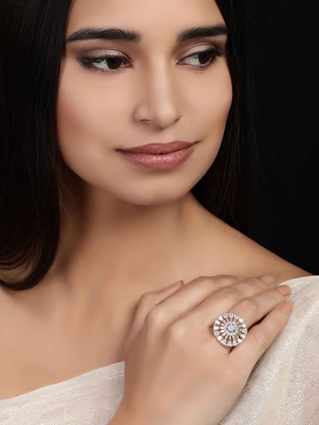 Rubans Gold Toned Handcrafted CZ Studded Statement Ring Gold