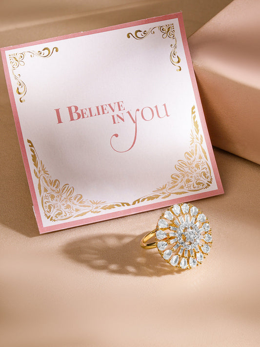 Rubans Gold Toned Handcrafted CZ Studded Statement Ring Gold