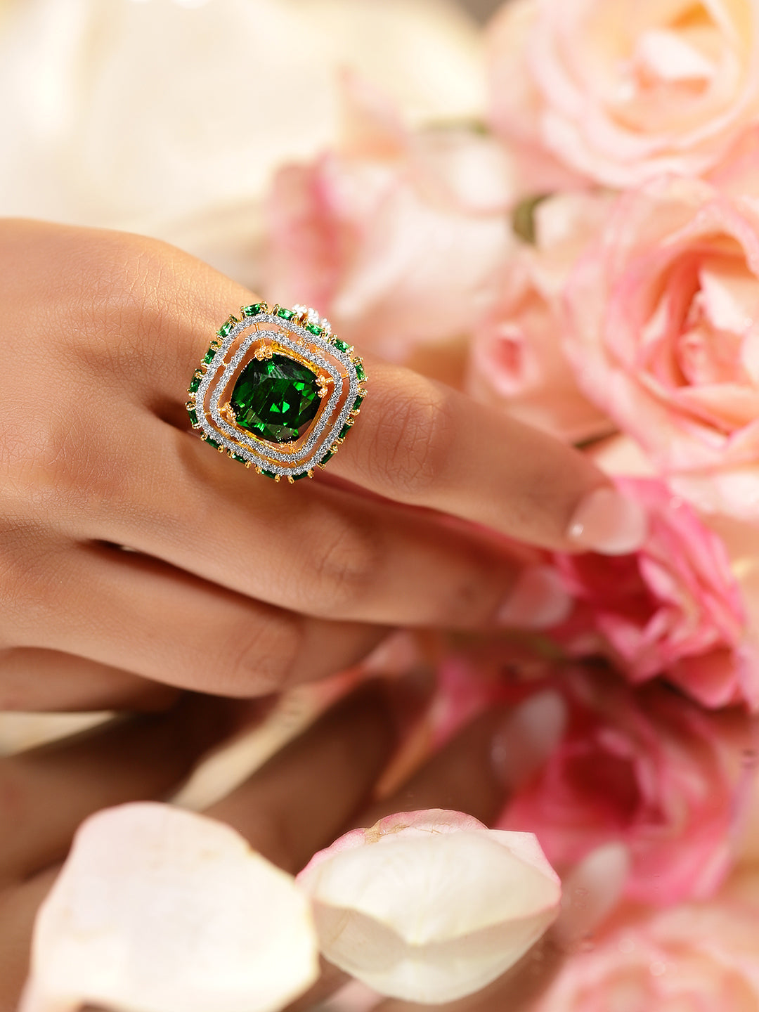 Emerald American Diamond Zirconia Studded Ring Gold