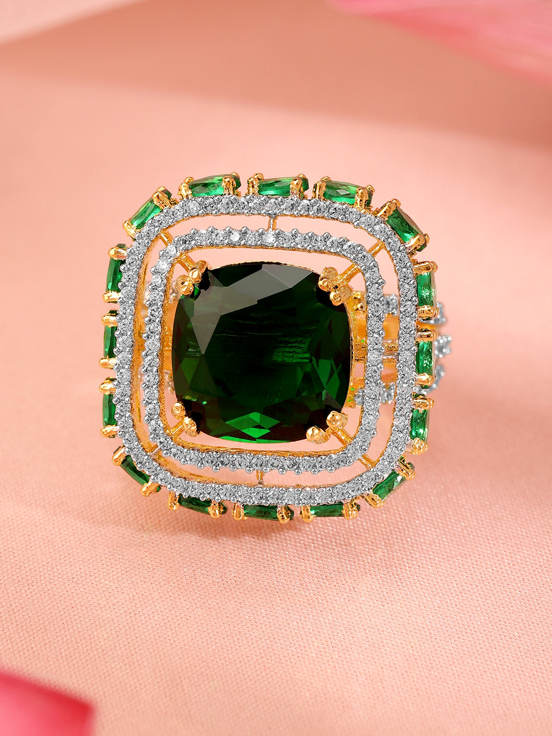 Emerald American Diamond Zirconia Studded Ring Gold