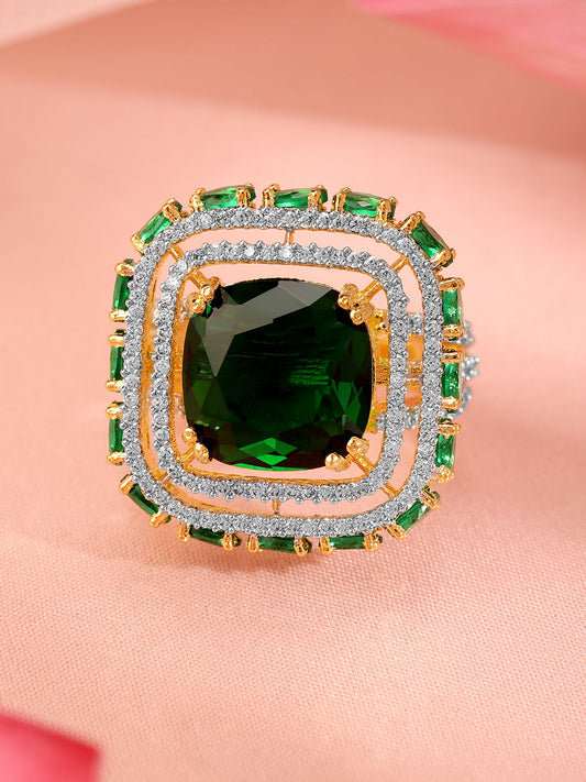 Emerald American Diamond Zirconia Studded Ring Gold