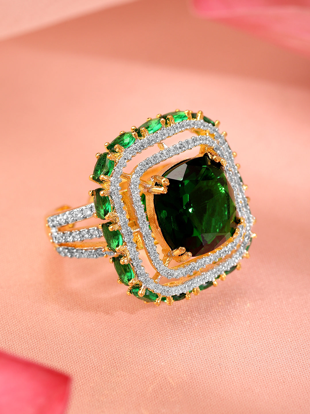 Emerald American Diamond Zirconia Studded Ring Gold