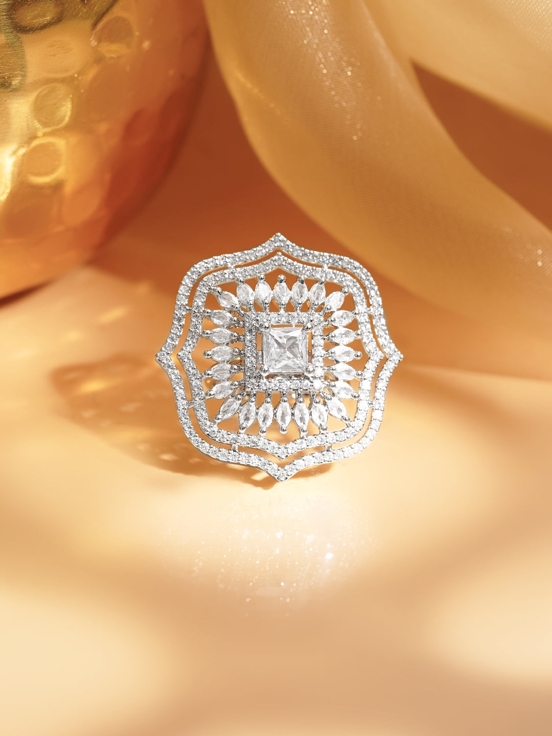 American Diamond Floral Statement Adjustable Ring フリーサイズ
