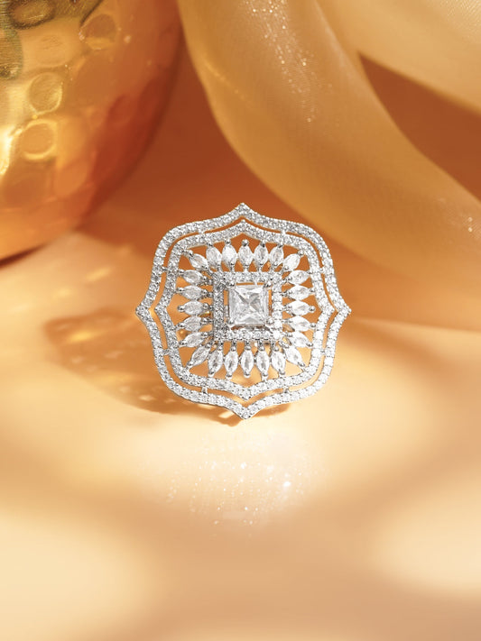 American Diamond Floral Statement Adjustable Ring フリーサイズ