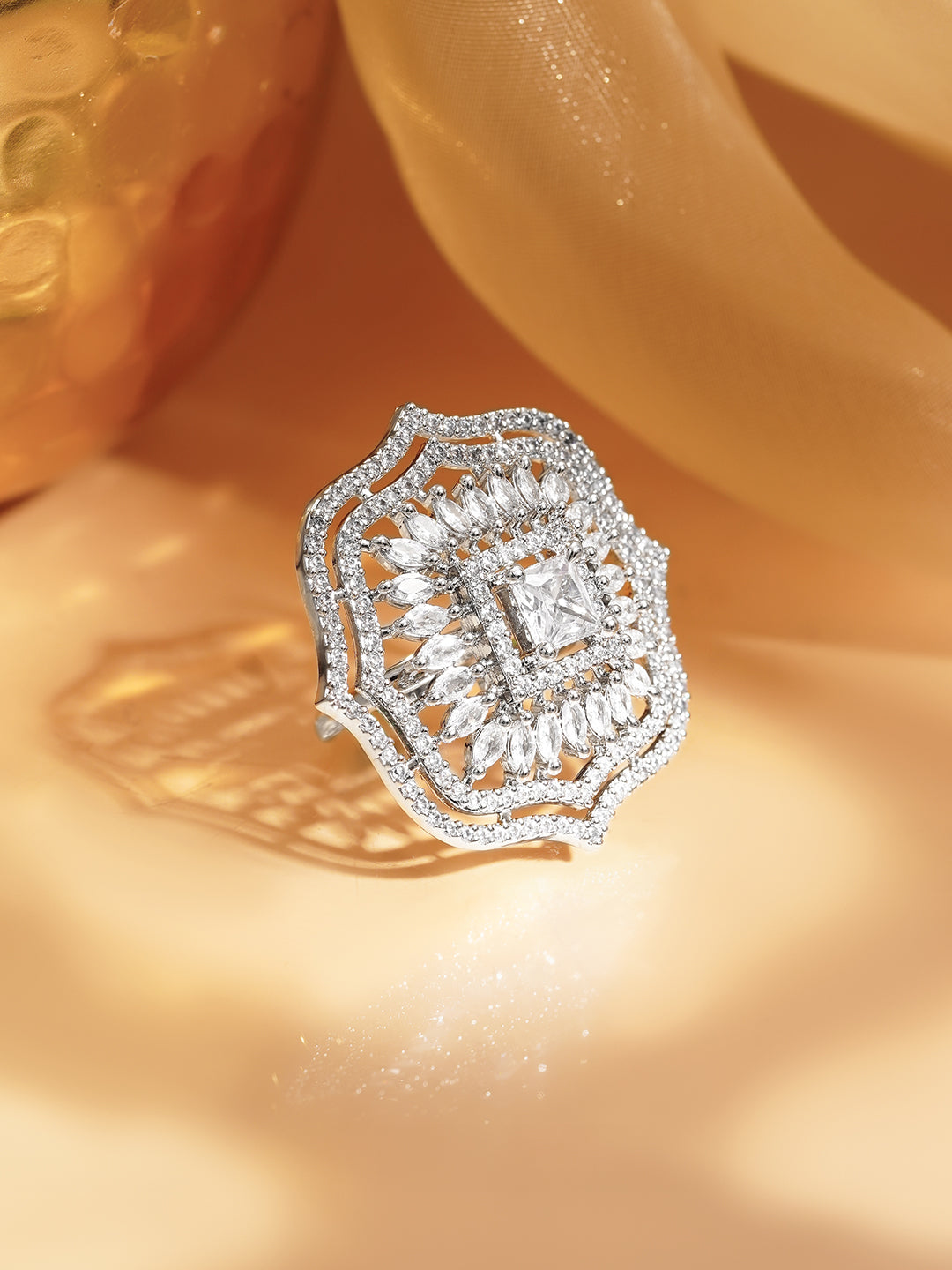 American Diamond Floral Statement Adjustable Ring フリーサイズ