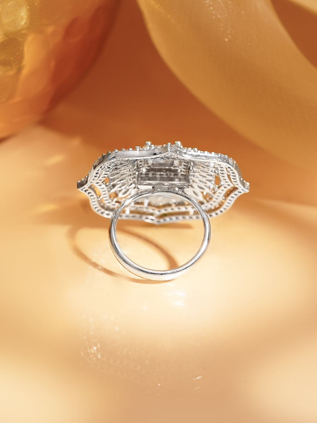 American Diamond Floral Statement Adjustable Ring フリーサイズ