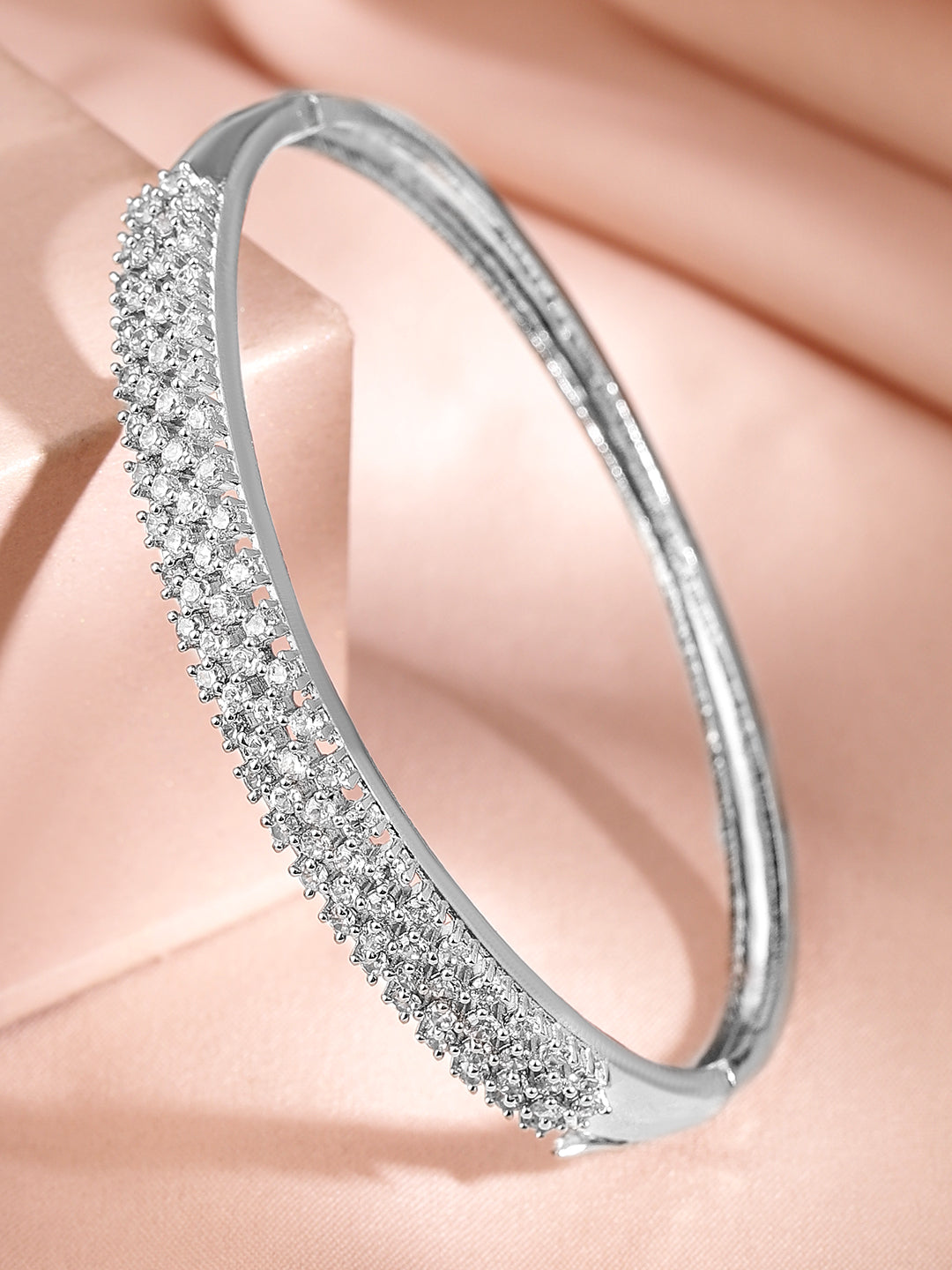 Rubans Women Brass Cubic Zirconia Handcrafted Rhodium-Plated Bangle-Style Bracelet Silver
