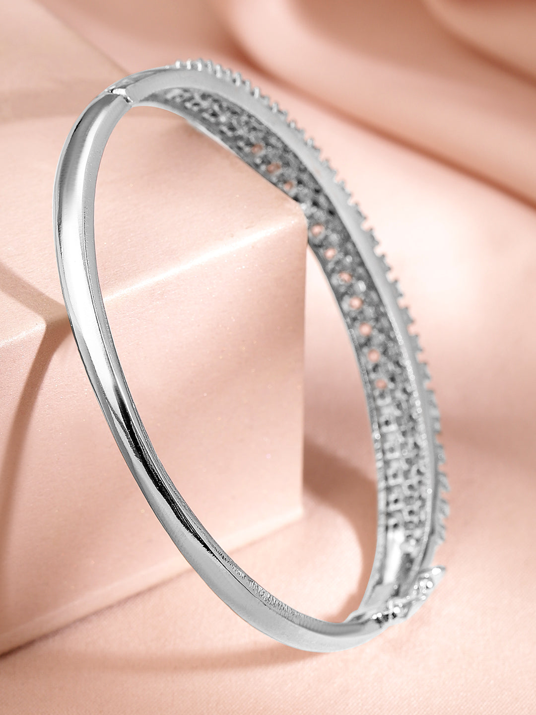 Rubans Women Brass Cubic Zirconia Handcrafted Rhodium-Plated Bangle-Style Bracelet Silver