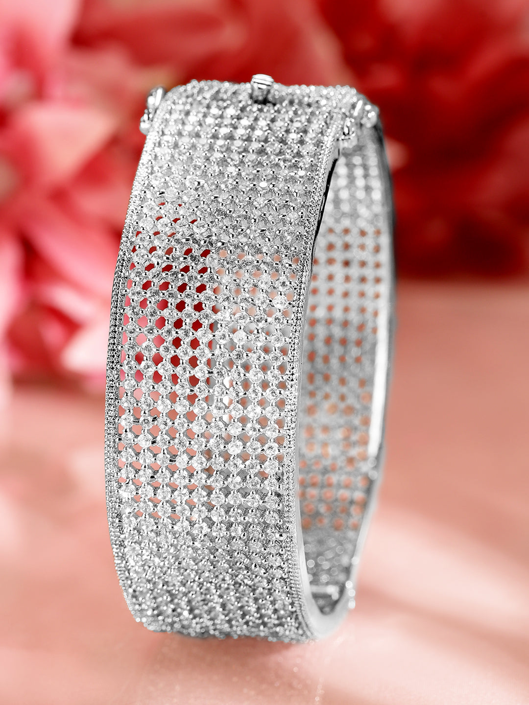 Rubans Rhodium-Plated AAA Cubic Zirconia Studded Premium Openable Bangle Bracelet Silver