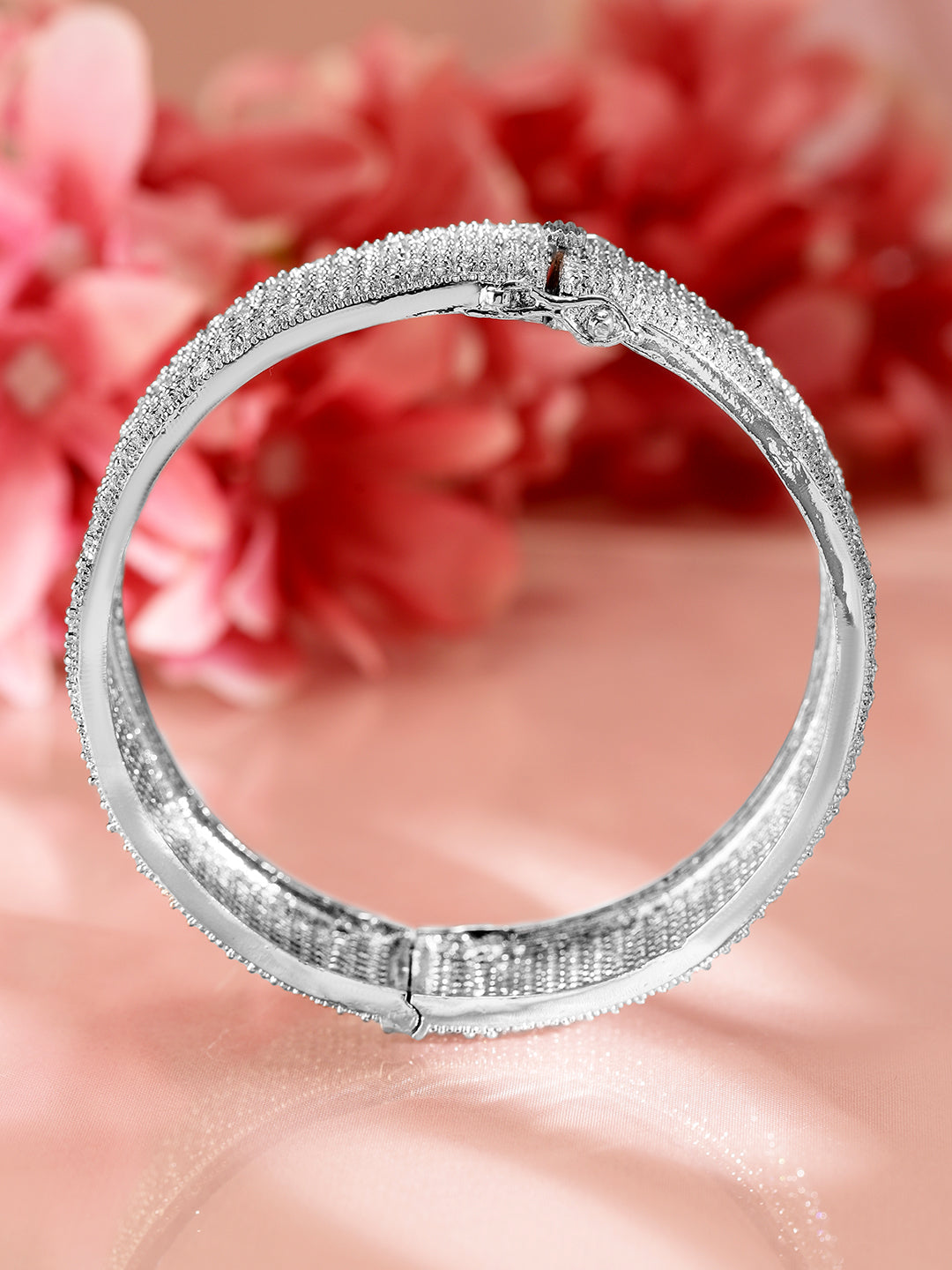 Rubans Rhodium-Plated AAA Cubic Zirconia Studded Premium Openable Bangle Bracelet Silver
