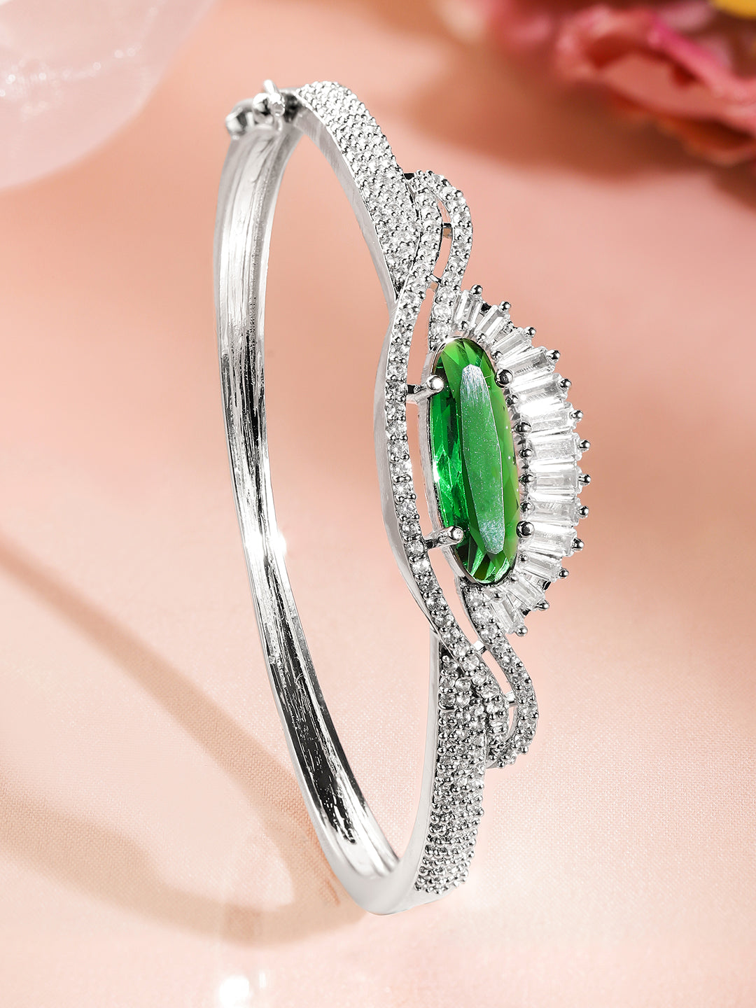 Rubans Rhodium-Plated Emerald Green & White Cubic Zirconia Studded Designer Bracelet フリーサイズ