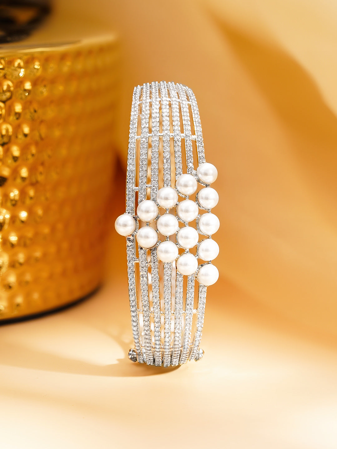 【Rubans】 Rhodium Plated Pearl Lattice Statement Bracelet｜ロジウムメッキ パール ラティス ステートメント ブレスレット