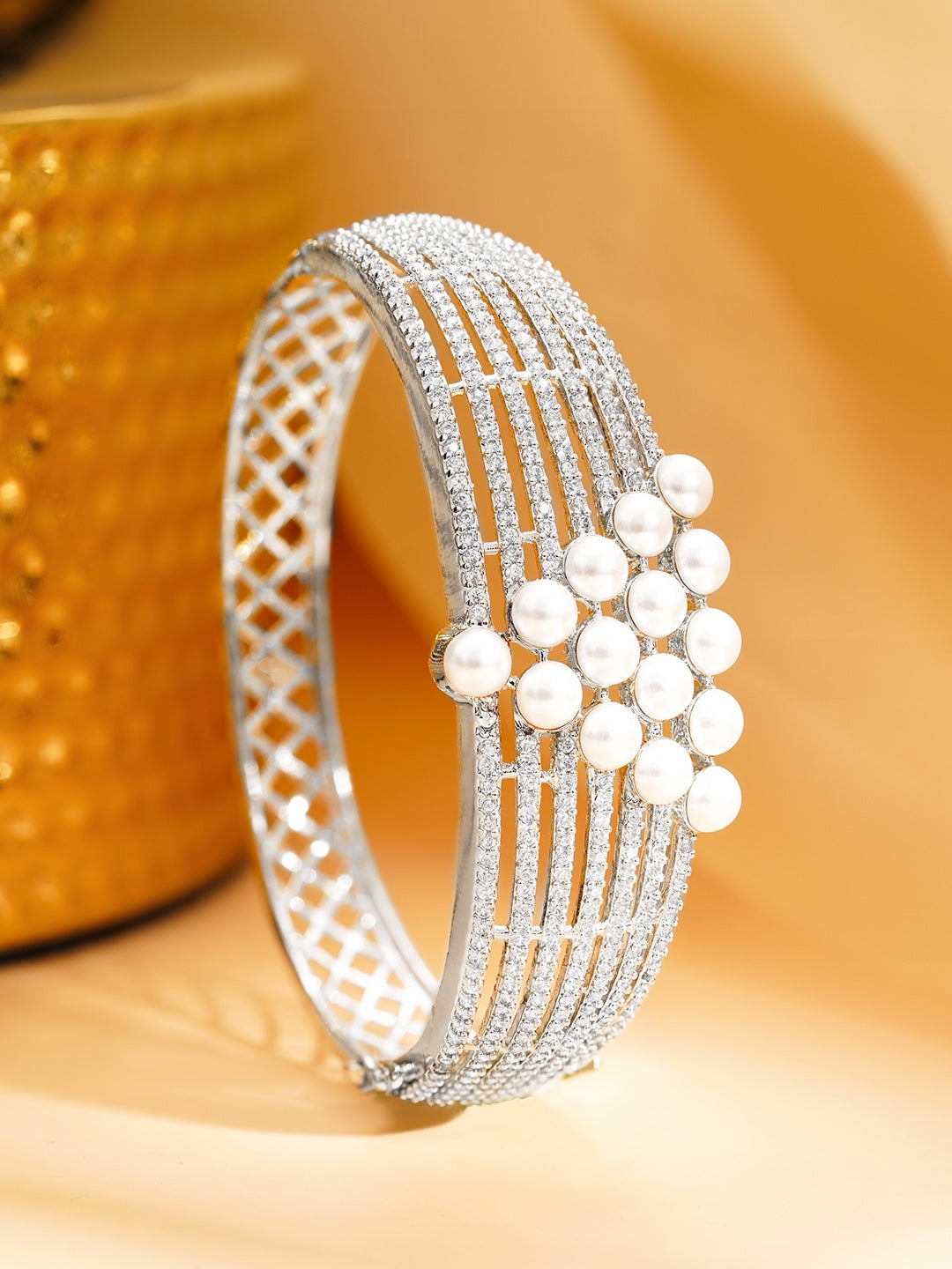 【Rubans】 Rhodium Plated Pearl Lattice Statement Bracelet｜ロジウムメッキ パール ラティス ステートメント ブレスレット