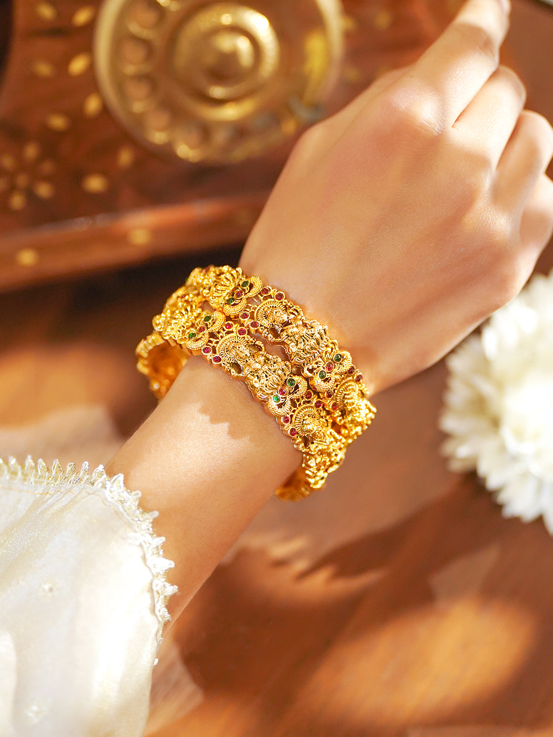Gold Toned Temple Bangles Set Of 2 2.6 - Medium