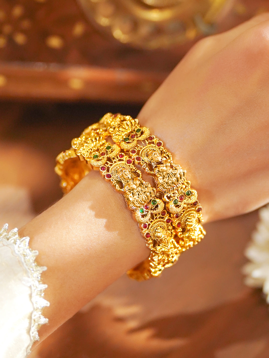 Gold Toned Temple Bangles Set Of 2 2.8 - Large