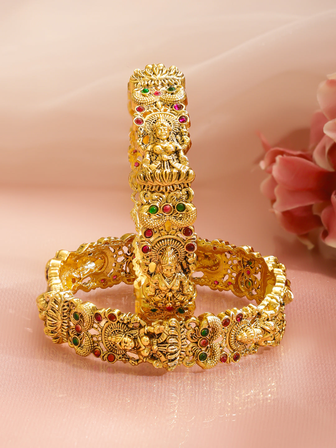 Gold Toned Temple Bangles Set Of 2 2.8 - Large