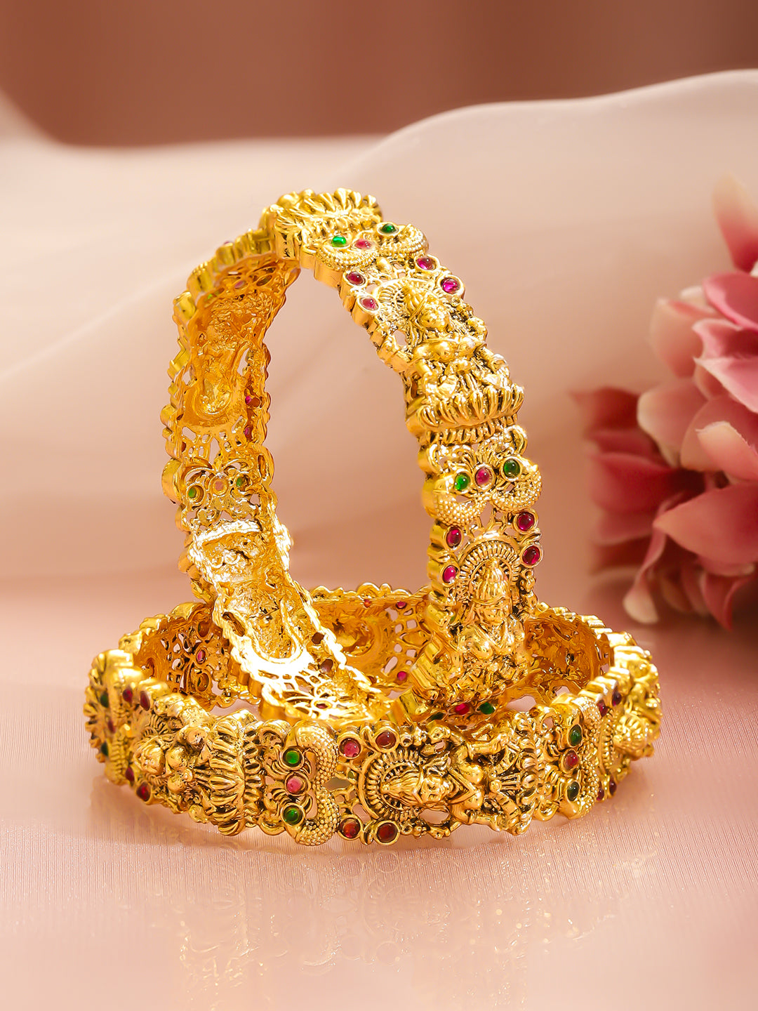 Gold Toned Temple Bangles Set Of 2 2.8 - Large