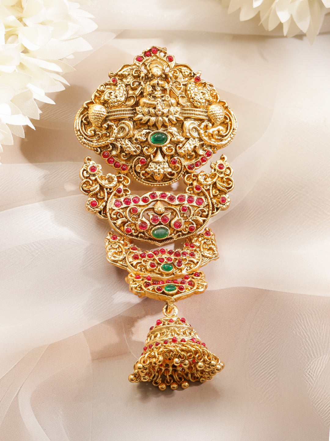 Pink Studded Laxmi Motif Gold Hair Brooch フリーサイズ