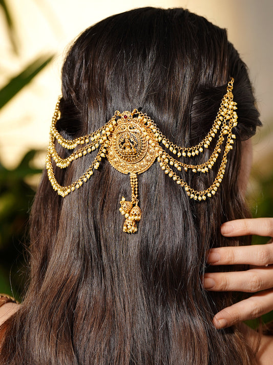 Pearl Embellished Laxmi Motif Gold Mathapatti フリーサイズ
