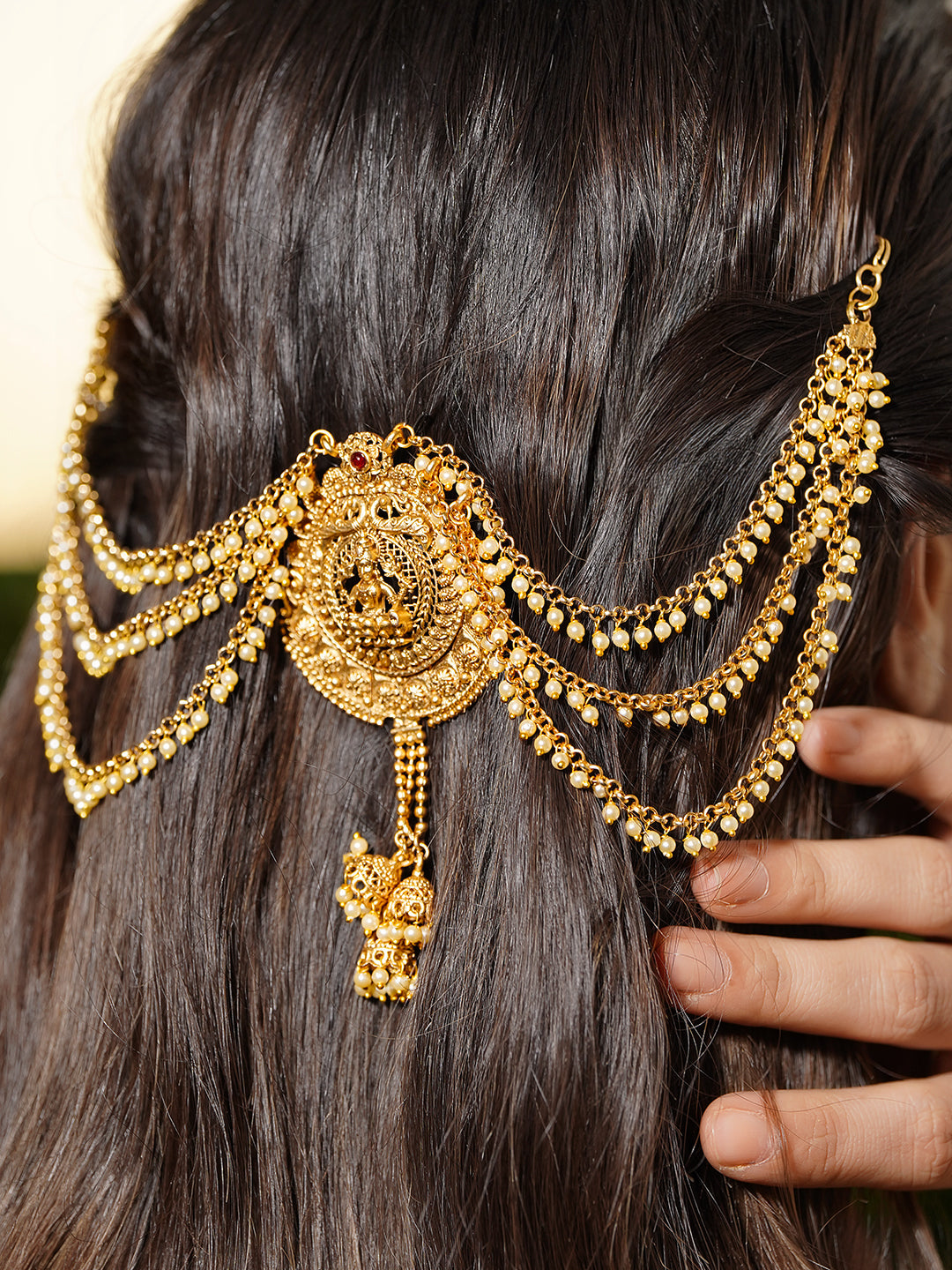 Pearl Embellished Laxmi Motif Gold Mathapatti フリーサイズ