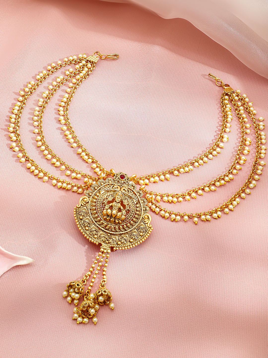 Pearl Embellished Laxmi Motif Gold Mathapatti フリーサイズ