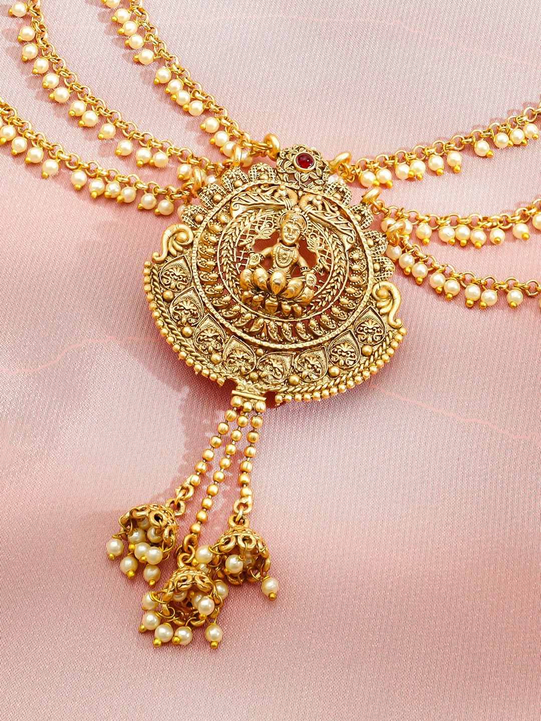 Pearl Embellished Laxmi Motif Gold Mathapatti フリーサイズ