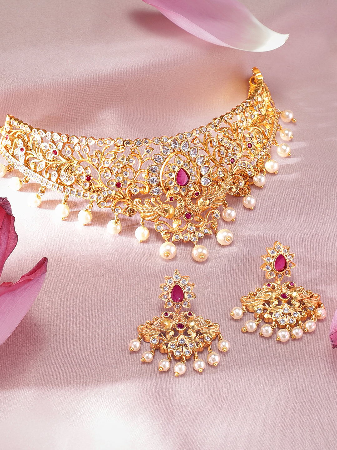 Captivating Red Gold Plated Choker Set Red