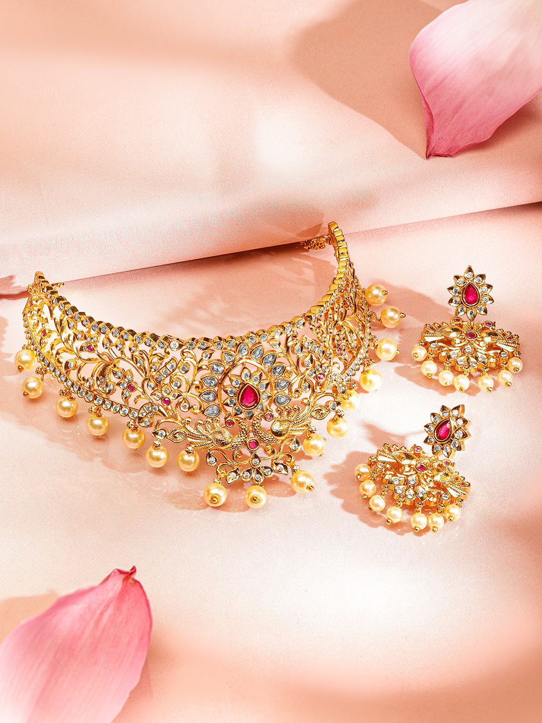 Captivating Red Gold Plated Choker Set Red